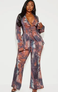 Plus Brown Abstract Print Chiffon Flare Pants