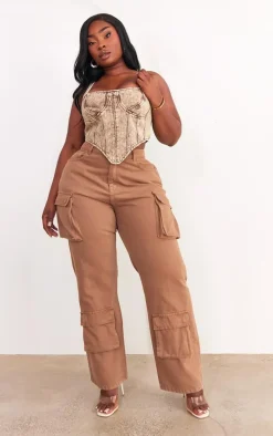 Plus Brown Acid Wash Denim Corset