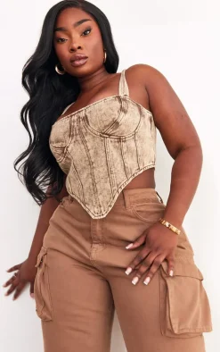 Plus Brown Acid Wash Denim Corset