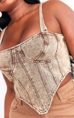 Plus Brown Acid Wash Denim Corset