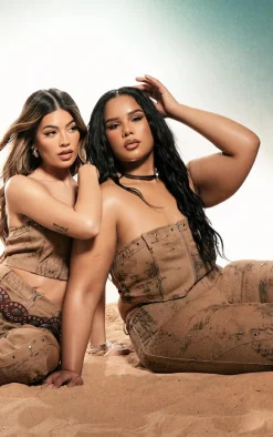 Plus Brown Acid Wash Studded Zip Up Bandeau Crop Top