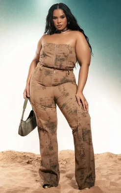 Plus Brown Acid Wash Studded Zip Up Bandeau Crop Top