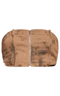Plus Brown Acid Wash Studded Zip Up Bandeau Crop Top