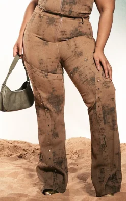 Plus Brown Acid Wash Studded Detail Flare Jeans