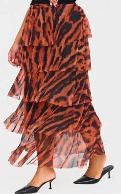 Plus Brown Animal Printed Mesh Rara Maxi Skirt