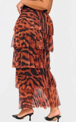 Plus Brown Animal Printed Mesh Rara Maxi Skirt