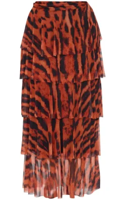Plus Brown Animal Printed Mesh Rara Maxi Skirt