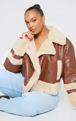 Plus Brown Battered Faux Leather Faux Fur Trim Coat