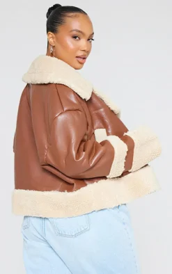 Plus Brown Battered Faux Leather Faux Fur Trim Coat