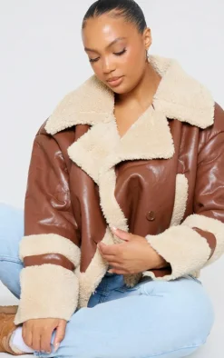 Plus Brown Battered Faux Leather Faux Fur Trim Coat