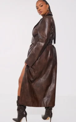 Plus Brown Belted Oversized Faux Leather Trench Coat