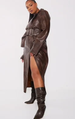 Plus Brown Belted Oversized Faux Leather Trench Coat