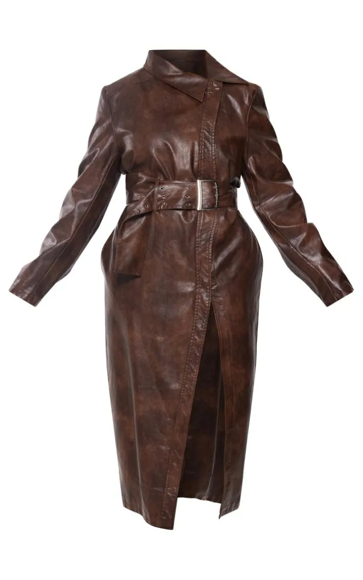 Plus Brown Belted Oversized Faux Leather Trench Coat