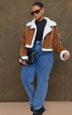 Plus Brown Borg Lined Faux Suede Super Cropped Aviator