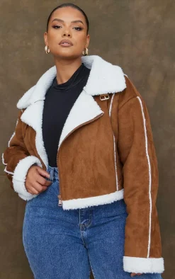 Plus Brown Borg Lined Faux Suede Super Cropped Aviator