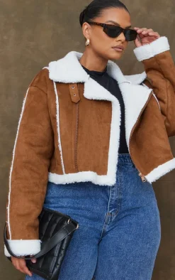 Plus Brown Borg Lined Faux Suede Super Cropped Aviator