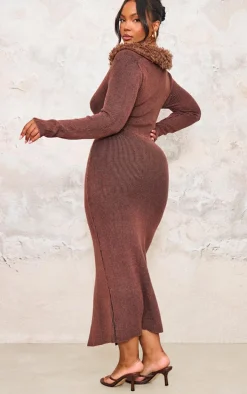 Plus Brown Collar Detail Button Down Maxi Knit Dress