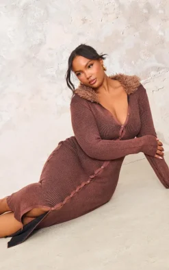 Plus Brown Collar Detail Button Down Maxi Knit Dress