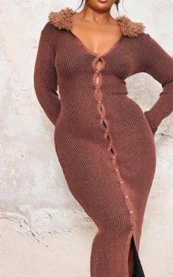 Plus Brown Collar Detail Button Down Maxi Knit Dress