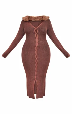 Plus Brown Collar Detail Button Down Maxi Knit Dress
