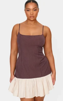 Plus Brown Contrast Pinstripe Frill Hem Shift Dress
