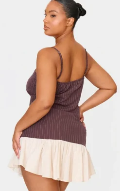 Plus Brown Contrast Pinstripe Frill Hem Shift Dress