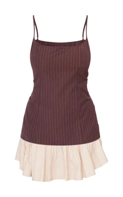 Plus Brown Contrast Pinstripe Frill Hem Shift Dress