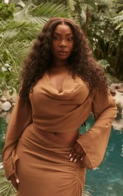 Plus Brown Cowl Neck Chiffon Beach Top