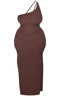 Plus Brown Crinkle One Shoulder Maxi Dress