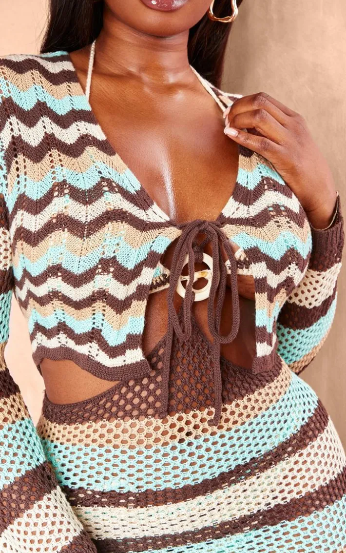 Plus Brown Crochet Stripe Long Sleeve Bodycon Dress