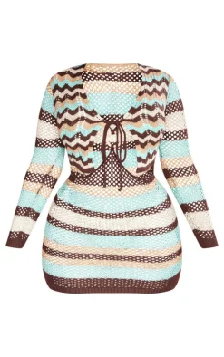Plus Brown Crochet Stripe Long Sleeve Bodycon Dress