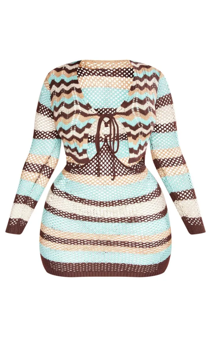 Plus Brown Crochet Stripe Long Sleeve Bodycon Dress