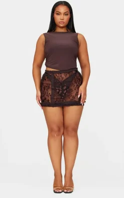 Plus Brown Devore Frill Detail Mini Skirt