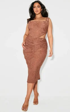 Plus Brown Devore Ruched Midi Skirt