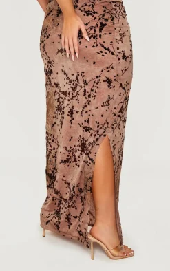 Plus Brown Devore Split Leg Maxi Skirt