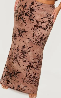 Plus Brown Devore Split Leg Maxi Skirt