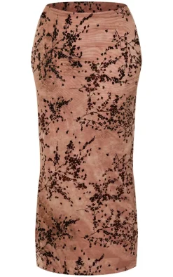 Plus Brown Devore Split Leg Maxi Skirt