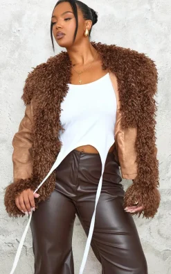 Plus Brown Distressed Contrast Faux Fur Cuff Detail Cropped Jacket