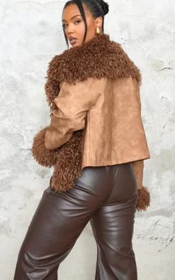 Plus Brown Distressed Contrast Faux Fur Cuff Detail Cropped Jacket