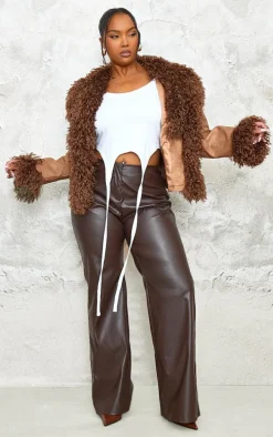 Plus Brown Distressed Contrast Faux Fur Cuff Detail Cropped Jacket