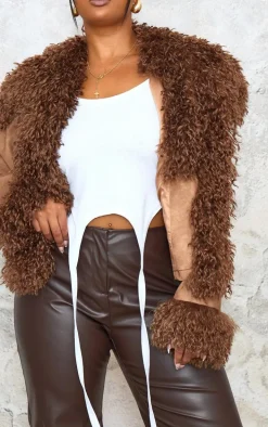 Plus Brown Distressed Contrast Faux Fur Cuff Detail Cropped Jacket