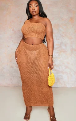 Plus Brown Distressed Knit Midi Skirt