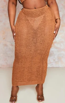Plus Brown Distressed Knit Midi Skirt