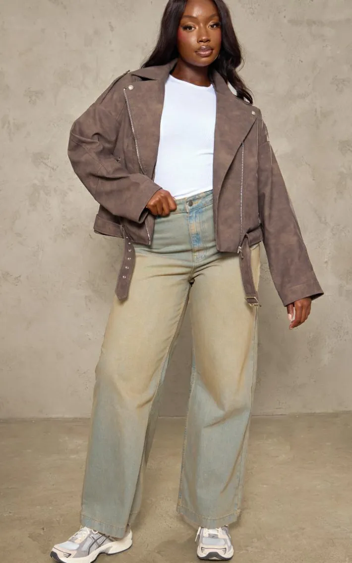 Plus Brown Distressed Soft Faux Leather Oversized Biker Jacket