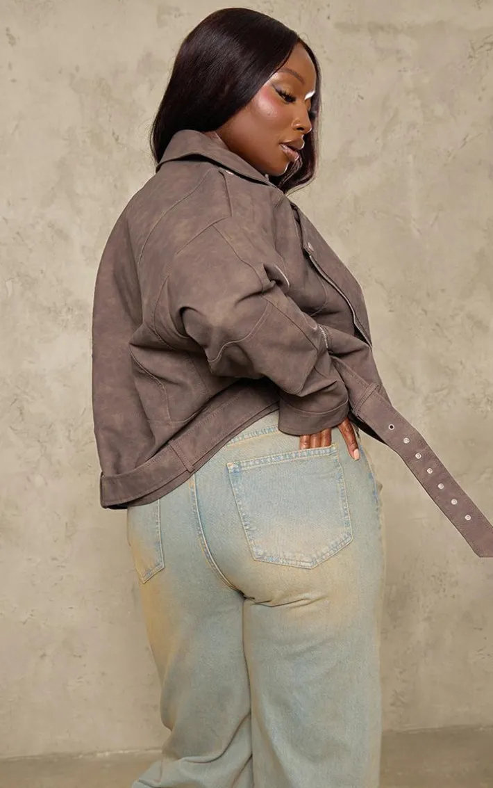 Plus Brown Distressed Soft Faux Leather Oversized Biker Jacket