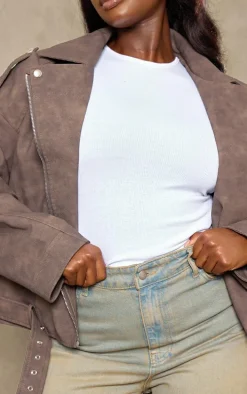 Plus Brown Distressed Soft Faux Leather Oversized Biker Jacket