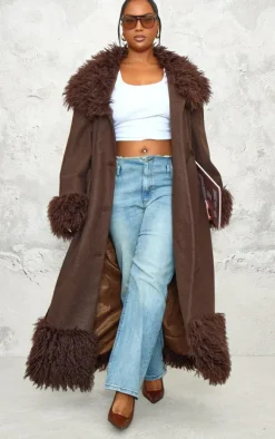 Plus Brown Faux Fur Trim Constrast Wool Look Coat