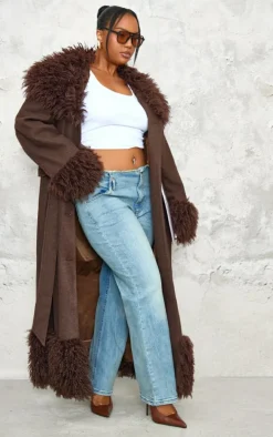 Plus Brown Faux Fur Trim Constrast Wool Look Coat