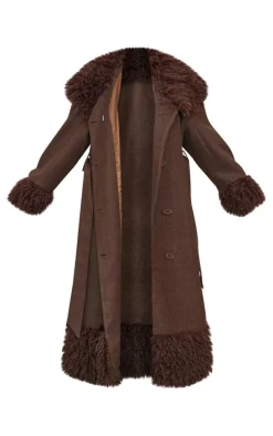 Plus Brown Faux Fur Trim Constrast Wool Look Coat