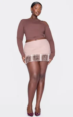 Plus Brown Faux Fur Trim Wool Look Micro Mini Skirt